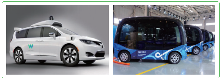 그림 2 구글의 자율주행자동차(좌), 바이두의 자율주행버스(우)