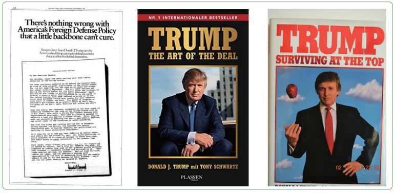 그림 1 보호무역을 강조한 도널드 트럼프의 일간지 전면광고(左)와 저서(中, 右)