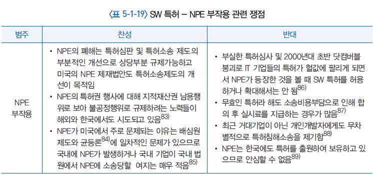 표 5-1-19 SW특허-NPE 부작용 관련 쟁점