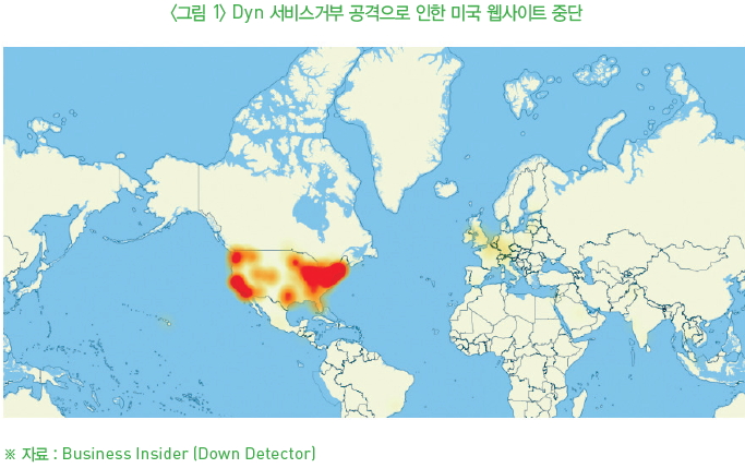 그림1-Dyn 서비스거부 공격으로 인한 미국 웹사이트 중단